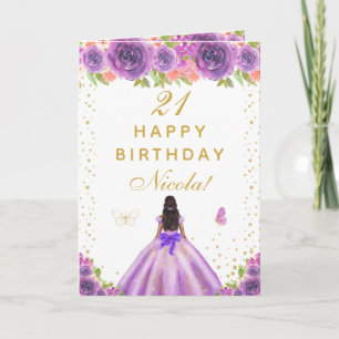 Cartão Aniversário de Menina de Pele Morena com Floral Ro