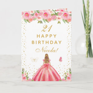 Cartão Aniversário de Menina Loira com Flores Cor-de-Rosa