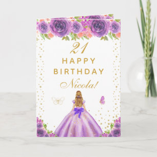 Cartão Aniversário de Menina Loira com Flores Roxas