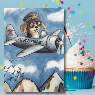 Cartão Aniversário de Menino Cachorro Avião Nuvens Montan