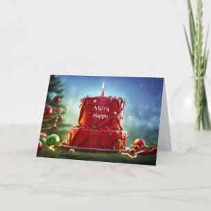 Cartão Aniversário de Natal com Bolo e Vela Vermelhas