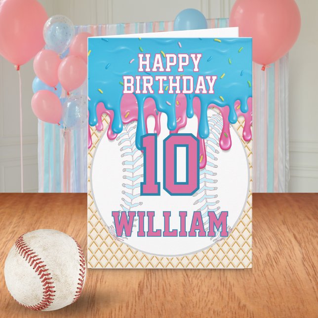 Cartão Aniversário de Qualquer Idade com Beisebol Azul Ro (Pink Blue Baseball Drip Birthday Greeting Card
)