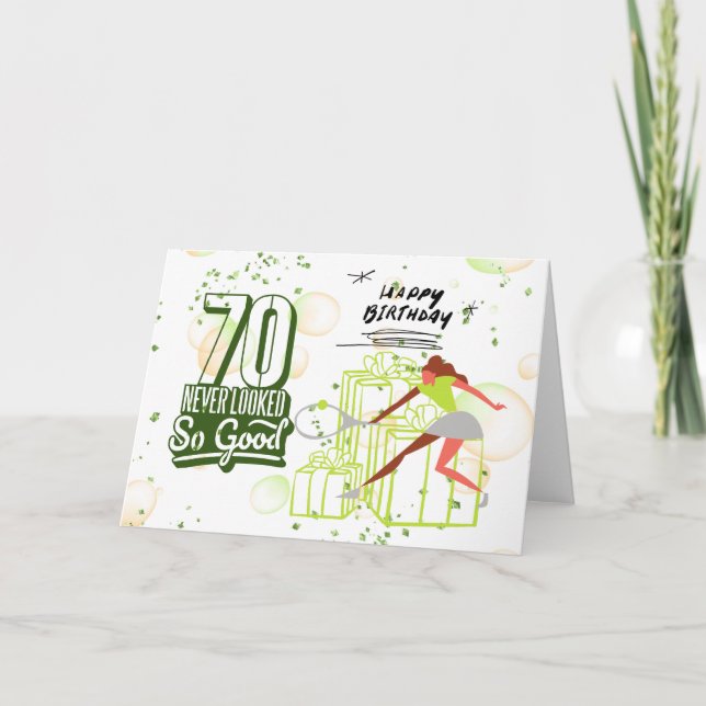 Cartão Aniversário de tênis 70 para Placa Jogadora de Tên (Frente)