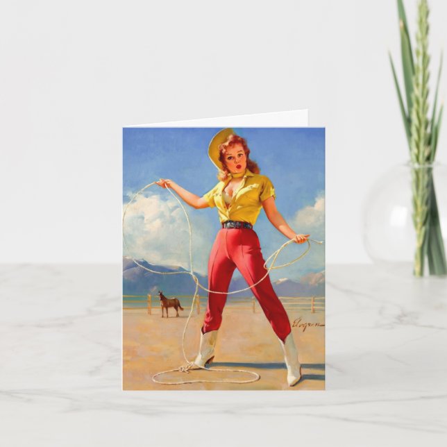 Cartão Aniversário de Vaqueira Antiga e Cavalo (Frente)