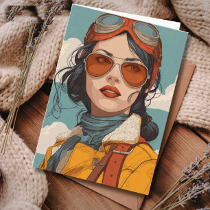 Cartão Aniversário de Viagem Garota Aviadora Vintage Retr