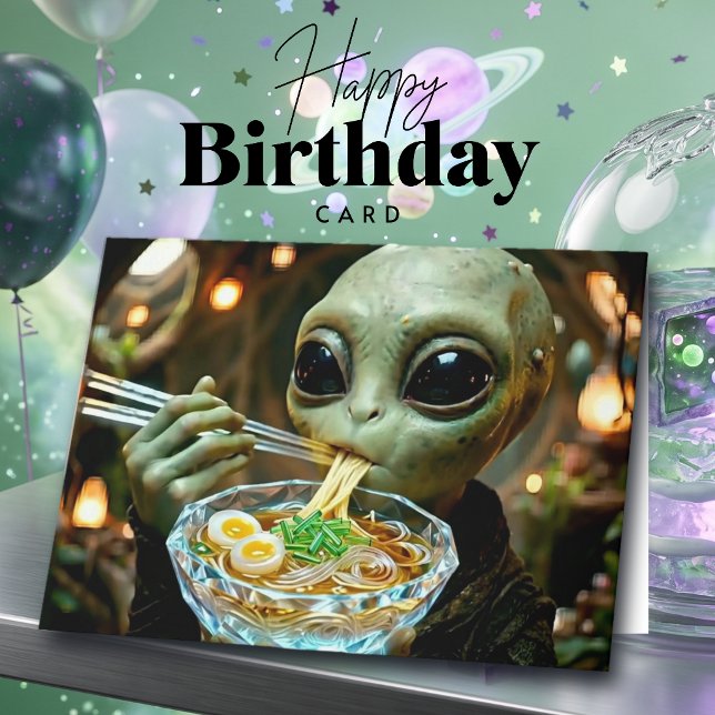 Cartão Aniversário Divertido de Alien e Ramen (Criador carregado)