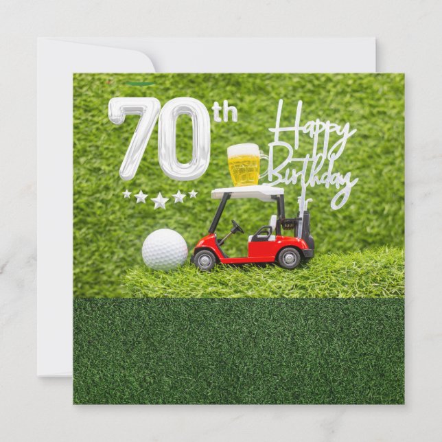 Cartão Aniversário do 70 de Golfe com carrinho de golfe (Frente)