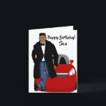 Cartão Aniversário do Casaco Negro Filho-Americano<br><div class="desc">Este cartão de Dia de Aniversário legal apresenta um macho afro-americano com um casaco preto, jeans e uma gravata. Mande um cartão para seu filho que é relacionável e expressa sua mensagem da maneira que você desejava.</div>