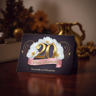 Cartão Aniversário do Casamento de 20 Dourado das Flores