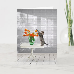 Cartão Aniversário do Cat com Tulipas Laranja