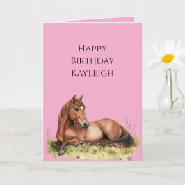 Cartão Aniversário do Cavalo Marrom Rosa