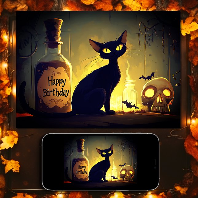 Cartão Aniversário do Dia das Bruxas de Negra Negra e do  (Scary Black Cat and Skull Happy Birthday Halloween Card)