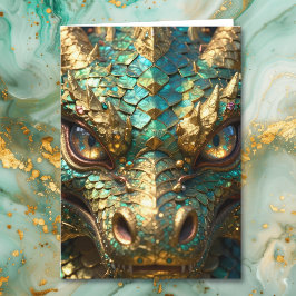 Cartão Aniversário do Dragão Turquesa e Dourado