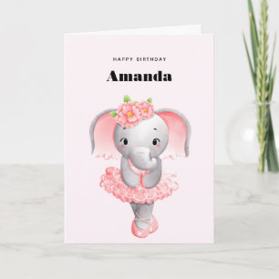 Cartão Aniversário do Elefante Ballerina Rosa e Cinza