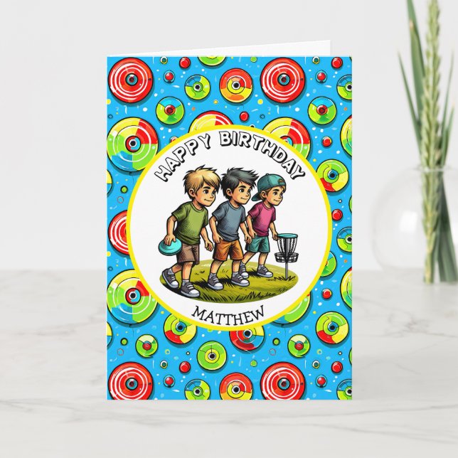 Cartão Aniversário do garoto de golfe de disco personaliz (Frente)