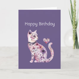 Cartão Aniversário do Gato do Coração Floral Roxo Rosa