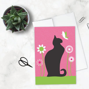 Cartão Aniversário do Gato Preto das Flores Retro
