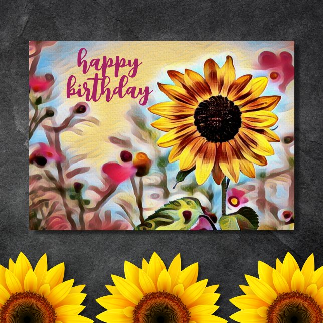 Cartão Aniversário do Girassol Amarelo bonito e Flores Ro (Front - Pretty Yellow Sunflower and Pink Flowers Birthday Card)