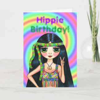 Cartão Aniversário do Hippie! Menina psicadélico bonito