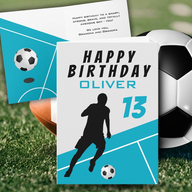 Cartão Aniversário do Jogador de Futebol Teal (Criador carregado)