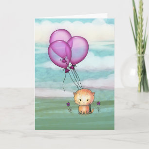 Cartão Aniversário do Kitten com Balões Roxos
