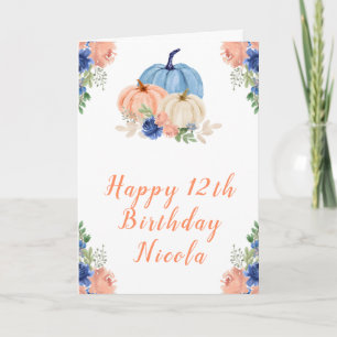 Cartão Aniversário do marinho Blue e Blush Floral Pumpkin