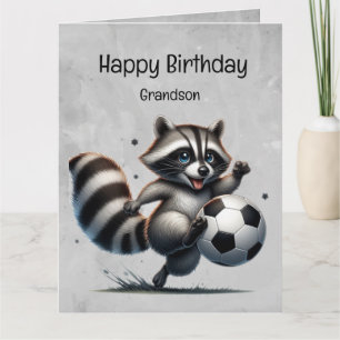 Cartão Aniversário do neto Raccoon Jogador de Futebol Bon