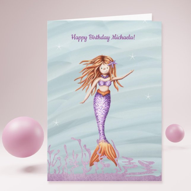 Cartão Aniversário do Nome Personalizado da Sereia Legant (Elegant Mermaid Personalized Name Birthday Card)