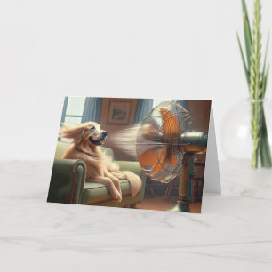 Cartão Aniversário do Ouro Retriever com Ventilador Retro