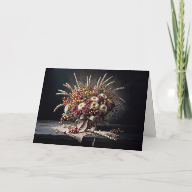 Cartão Aniversário do outono de Trigo e Buquês de Mãe (Frente)