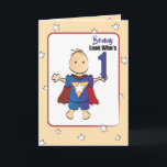 Cartão Aniversário do Super Boy do Cartoon Bonito de prim<br><div class="desc">Deseje àquele Super Little Boy um primeiro aniversario divertido com este cartão que você pode personalizar para ele</div>
