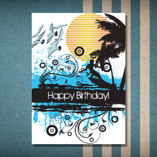 Cartão Aniversário do Surfista Tropical de Praia Grunge S