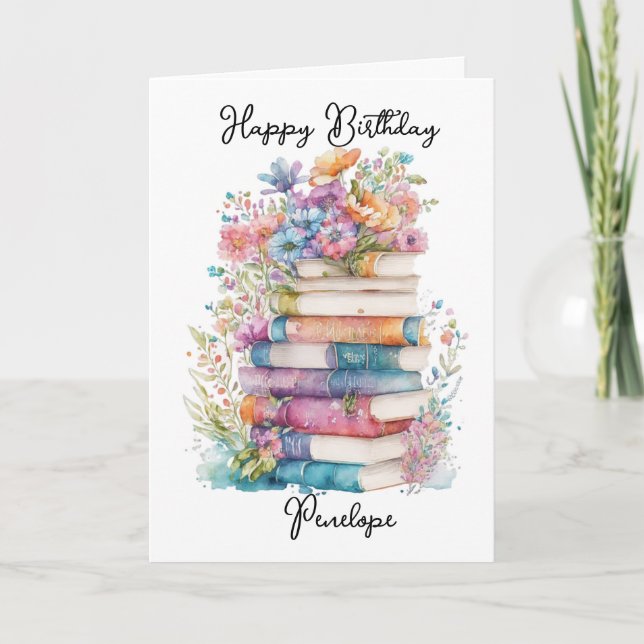 Cartão Aniversário dos Livros de Aquarela e Flores (Frente)
