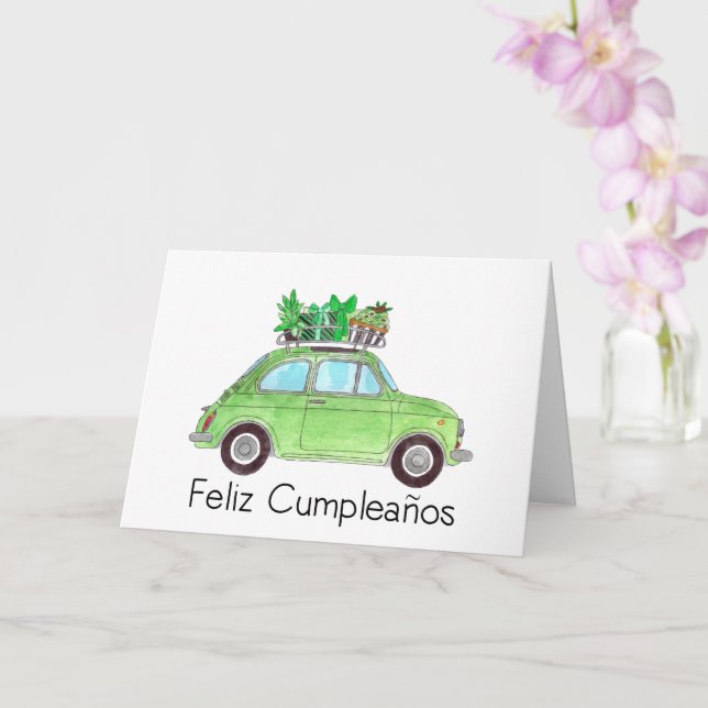 Cartão Aniversário espanhol Retro Fiat 500 (Orquídea)