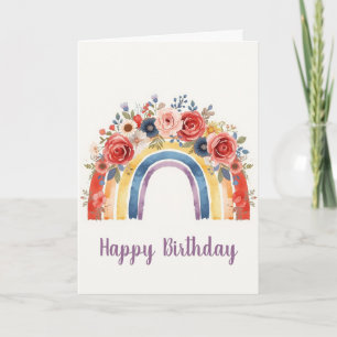 Cartão Aniversário Feliz Aquarela Floral Vibrante Arco-Ír