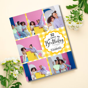 Cartão Aniversário Feminino Amarelo Colagem de 7 Fotos Qu