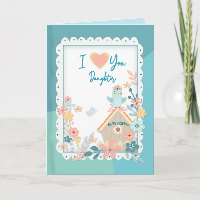 Cartão Aniversário, Filha, Aves Aquáticas e Flores (Frente)