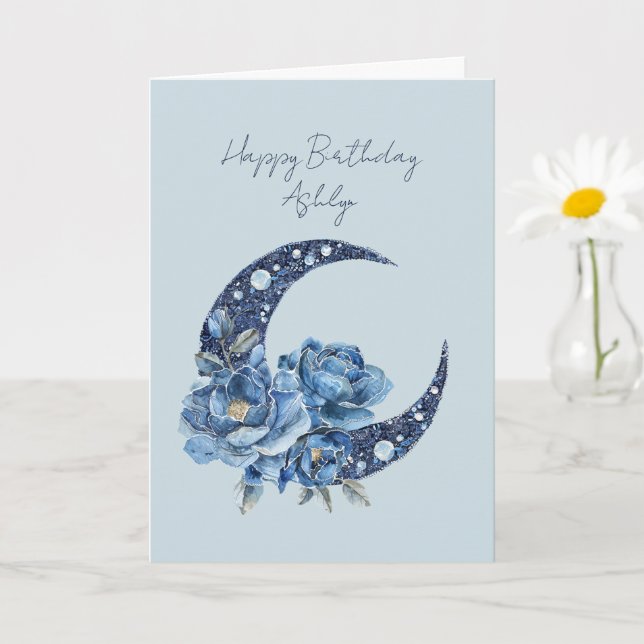 Cartão Aniversário Floral Azul da Lua (Planta pequena)