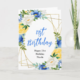 Cartão Aniversário Floral Azul e Amarelo