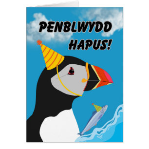 Cartão Aniversário Galês Penblwydd Hapus Puffin