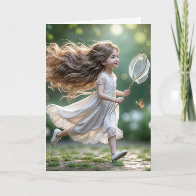 Cartão Aniversário Garotinha Perseguindo Borboletas (Frente)