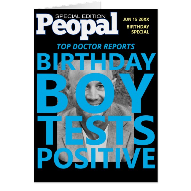 Cartão Aniversário, Garoto De Aniversário Testa Positivo, (Frente)