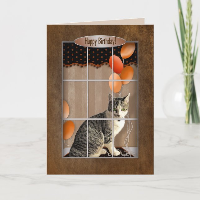 Cartão Aniversário - Gato Olhando para a Janela - Balões (Frente)