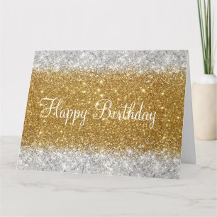Cartão Aniversário Glittery Faux Dourado e Silver Glitter