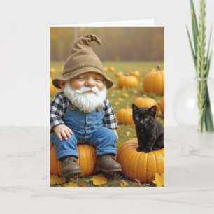 Cartão Aniversário Gnomo e Gatinho Negro em Pumpkins