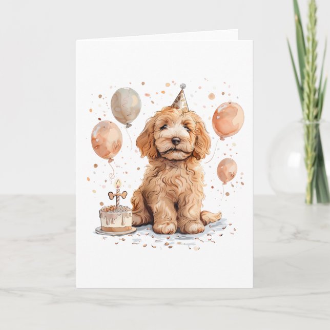 Cartão Aniversário Goldendoodle Cog Bolo de Aniversário (Frente)