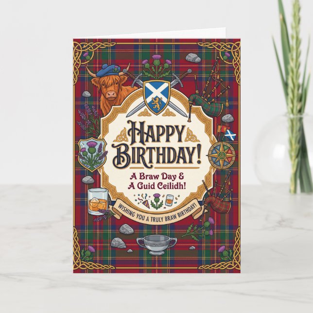 Cartão Aniversário Humor Tartan Escocês (Frente)