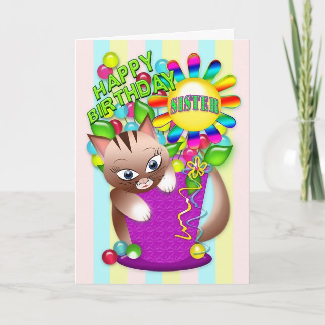Cartão Aniversário - Irmã - Celebração de Gato Gatinho (Frente)