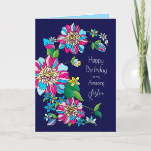 Cartão Aniversário, Irmã, Flores Brilhantes e Coloridas