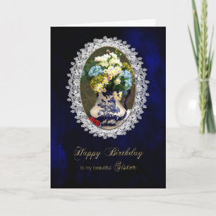 Cartão ANIVERSÁRIO, IRMÃ, vaso azul/branco antigo, flor